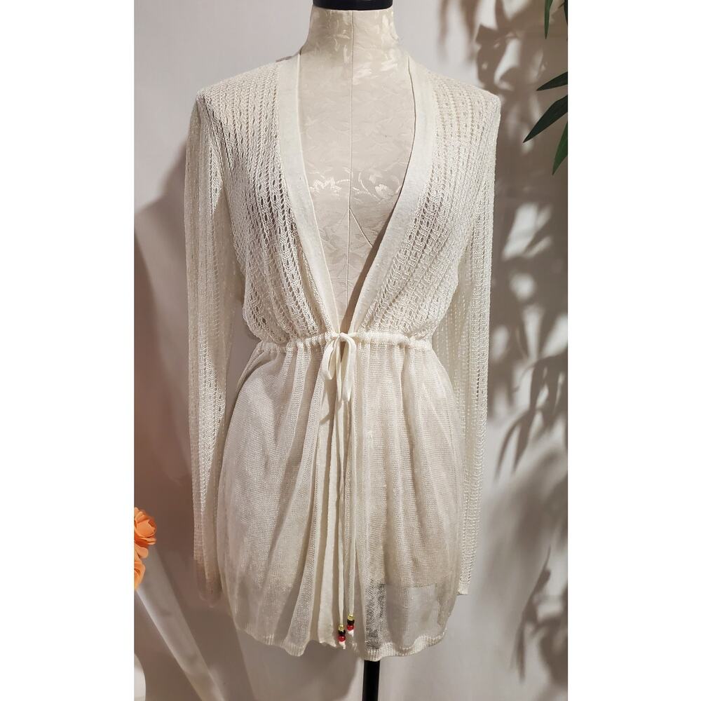 Vtg Moda International Sheer Crochet Linen Bead Tie Long Cardigan L Hippie Boho